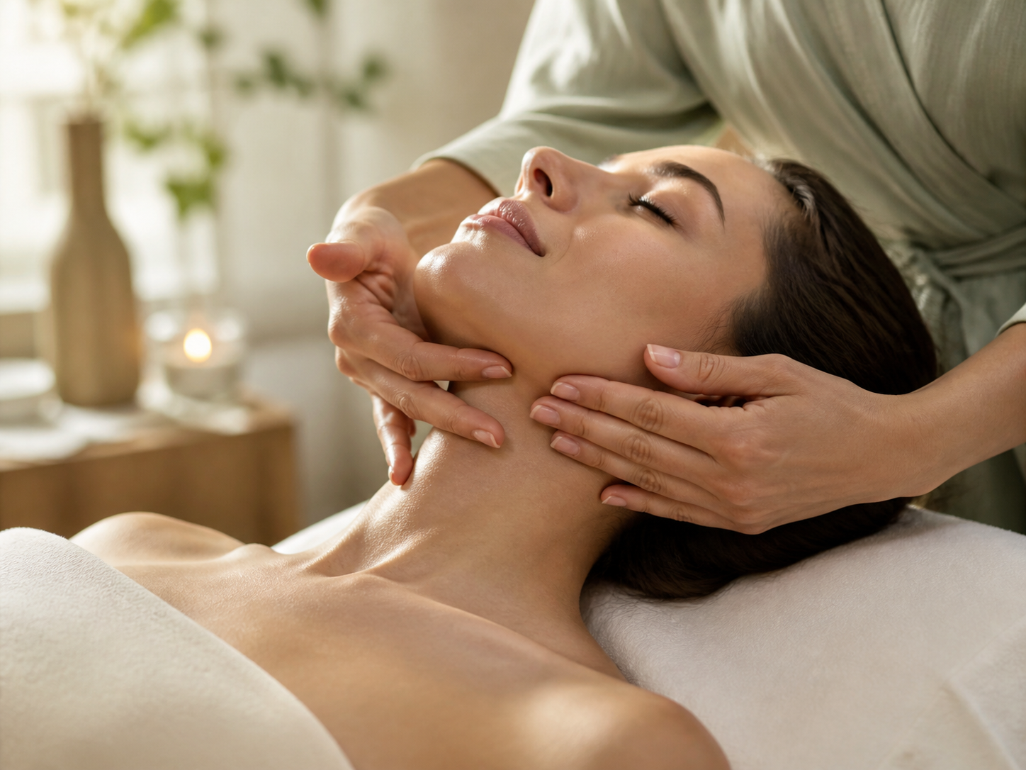 Guest receiving a lymphatic face and neck massage at K&M BEAUTY