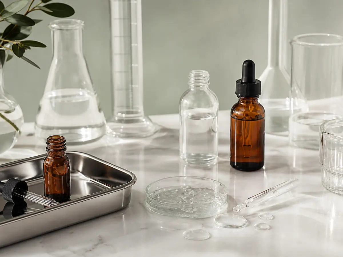 Laboratory-inspired serum and hydration still life