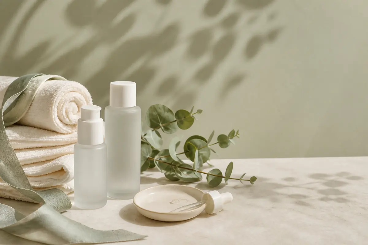 Studio still life with towels, serums and botanicals